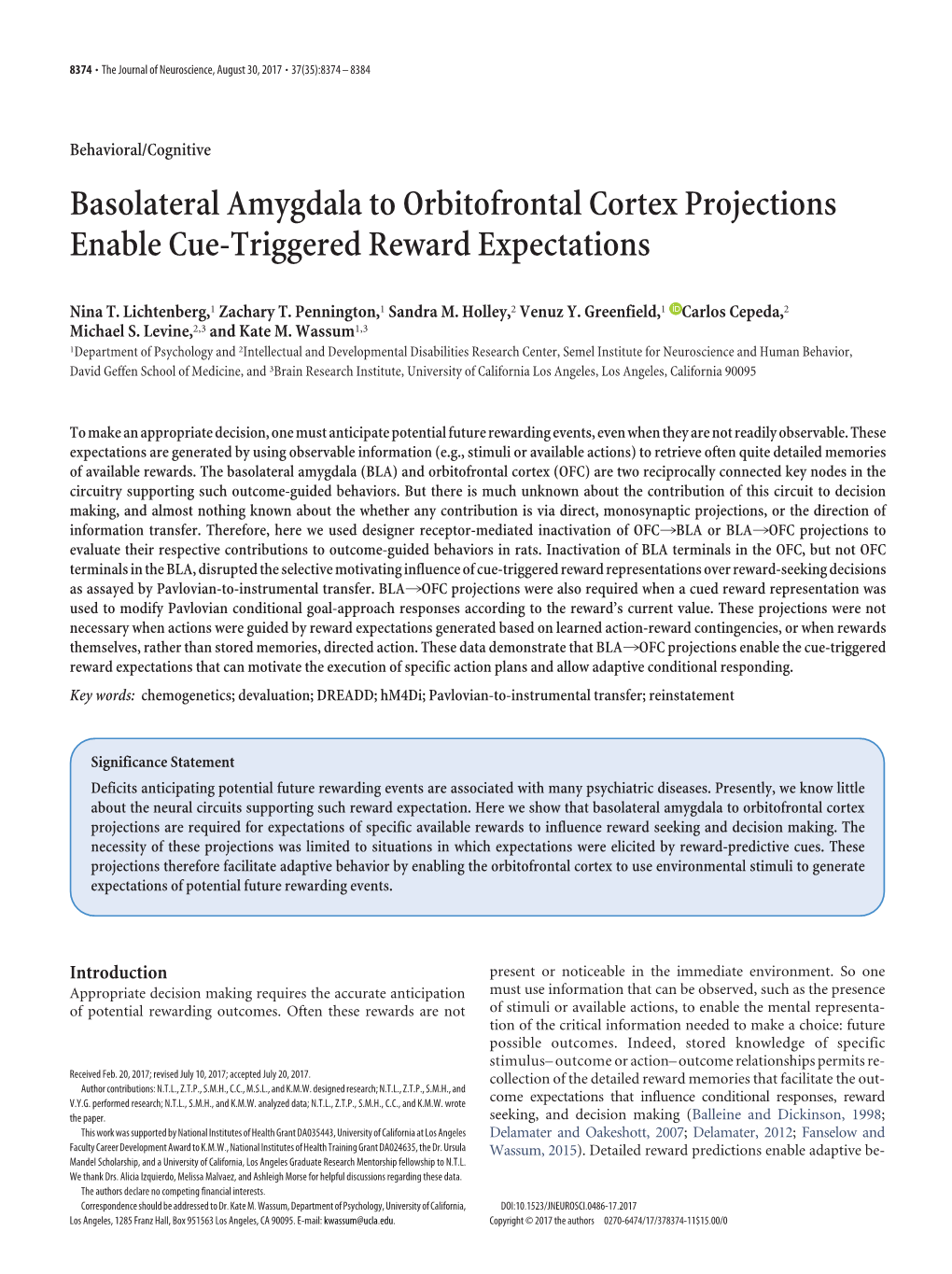 Basolateral Amygdala to Orbitofrontal Cortex Projections Enable Cue-Triggered Reward Expectations