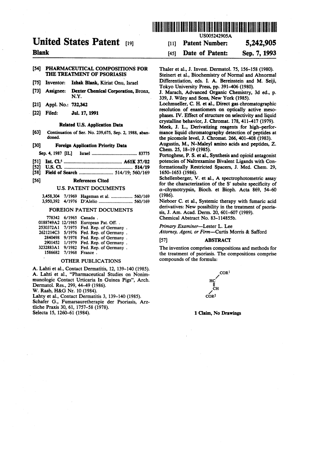 United States Patent (19) 11 Patent Number: 5,242,905 Blank (45) Date of Patent: Sep