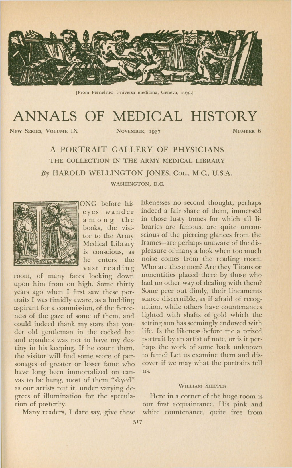 A Portrait Gallery of Physicians the Collection in the Army Medical Library