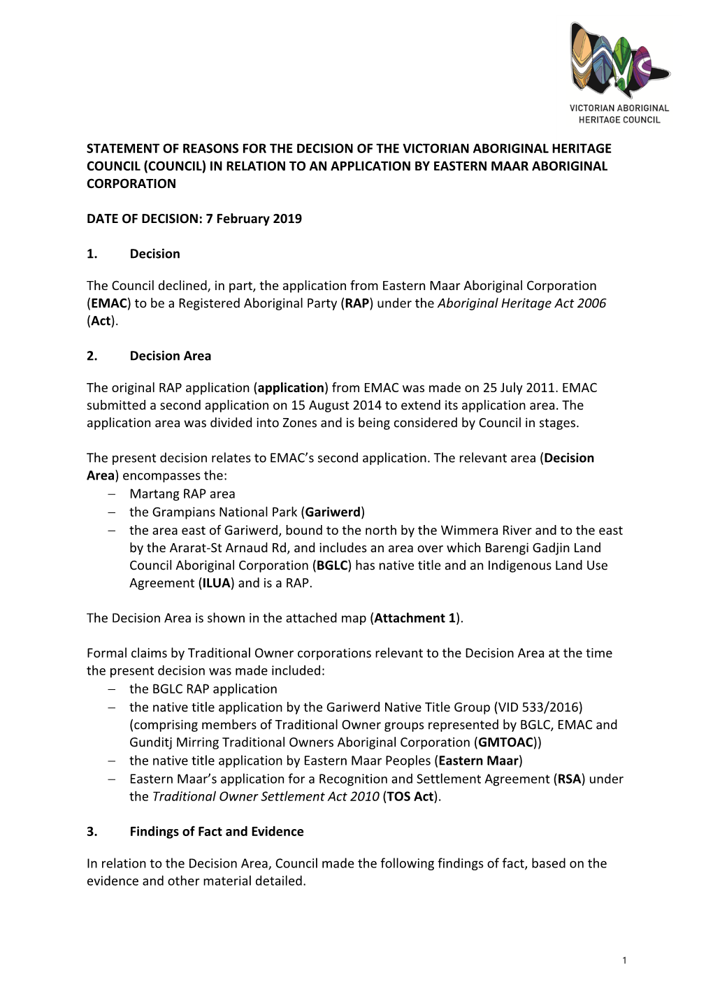 Statement of Reasons for the Decision of the Victorian Aboriginal Heritage Council (Council) in Relation to an Application by Eastern Maar Aboriginal Corporation