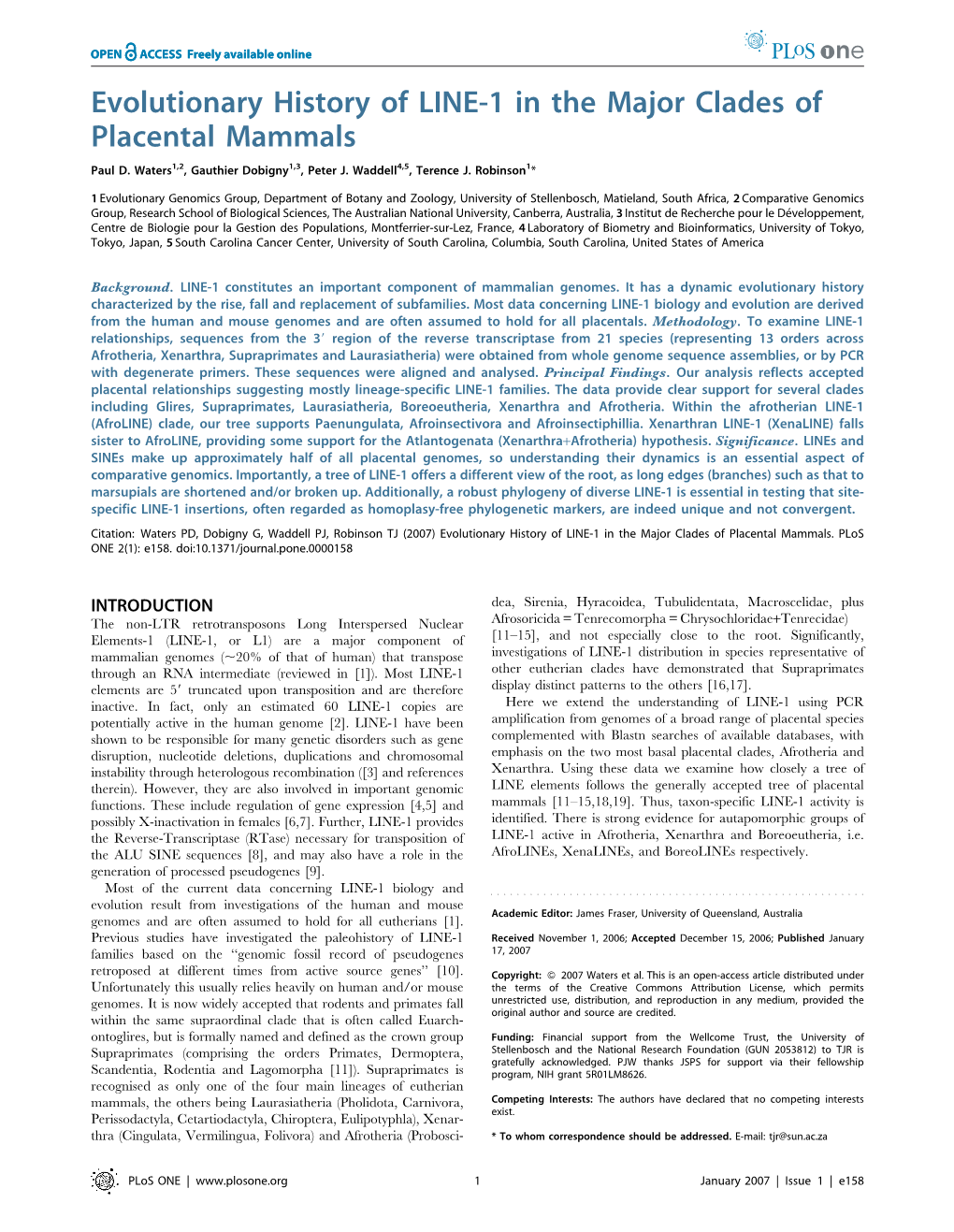 Evolutionary History of LINE-1 in the Major Clades of Placental Mammals Paul D