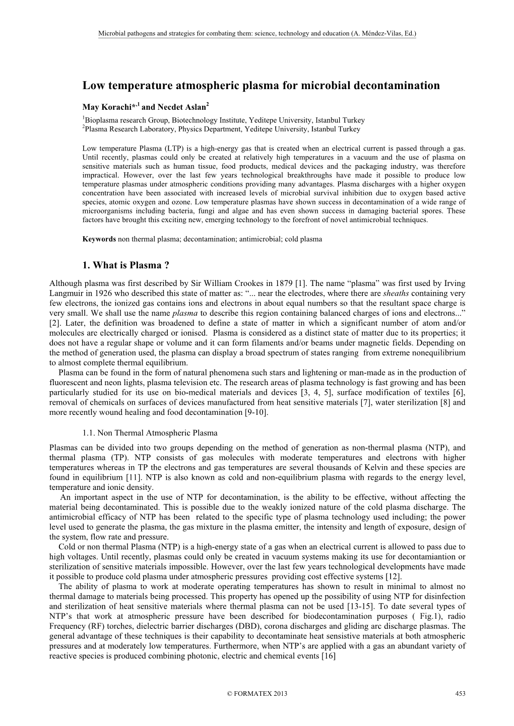 Low Temperature Atmospheric Plasma for Microbial Decontamination