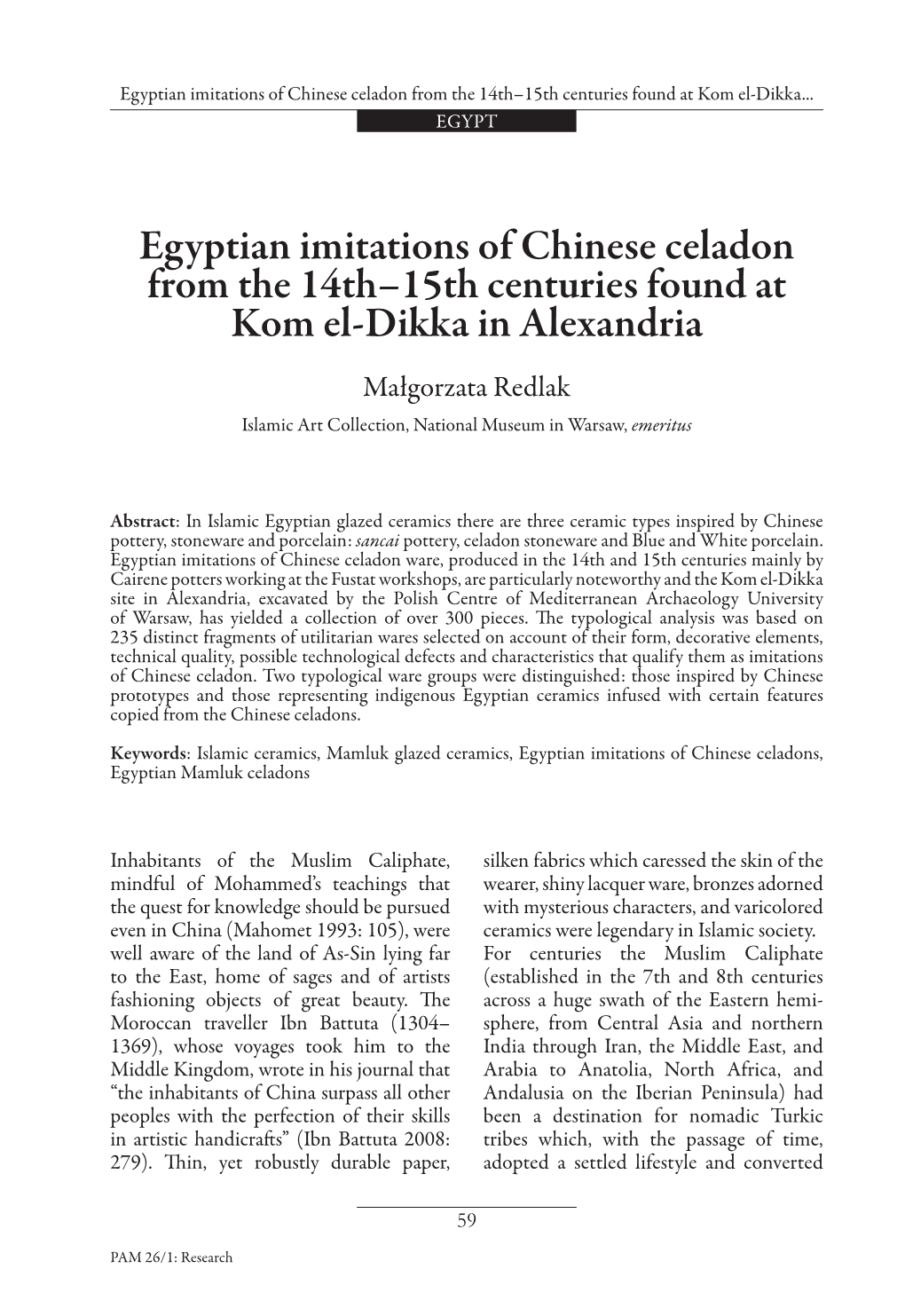 Egyptian Imitations of Chinese Celadon from the 14Th–15Th Centuries Found at Kom El-Dikka