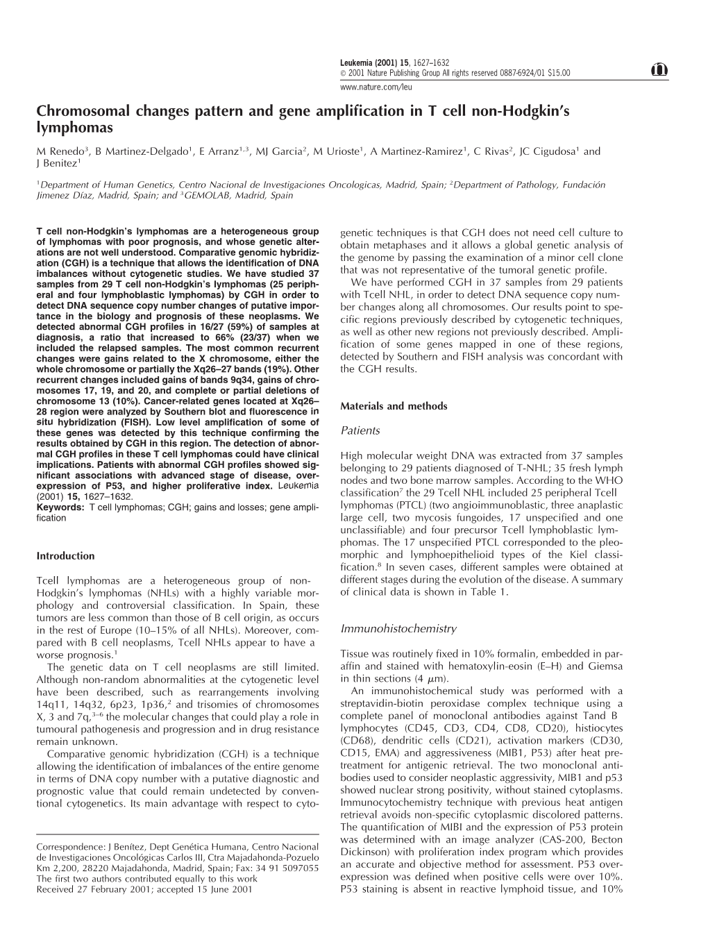 Chromosomal Changes Pattern and Gene Amplification in T Cell Non