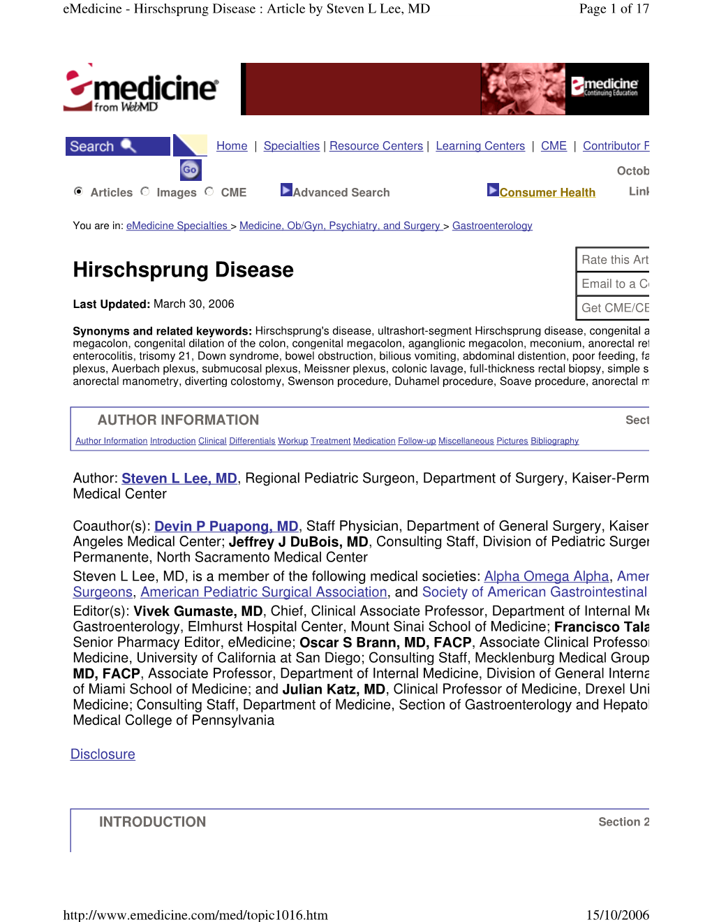 Hirschsprung Disease : Article by Steven L Lee, MD Page 1 of 17