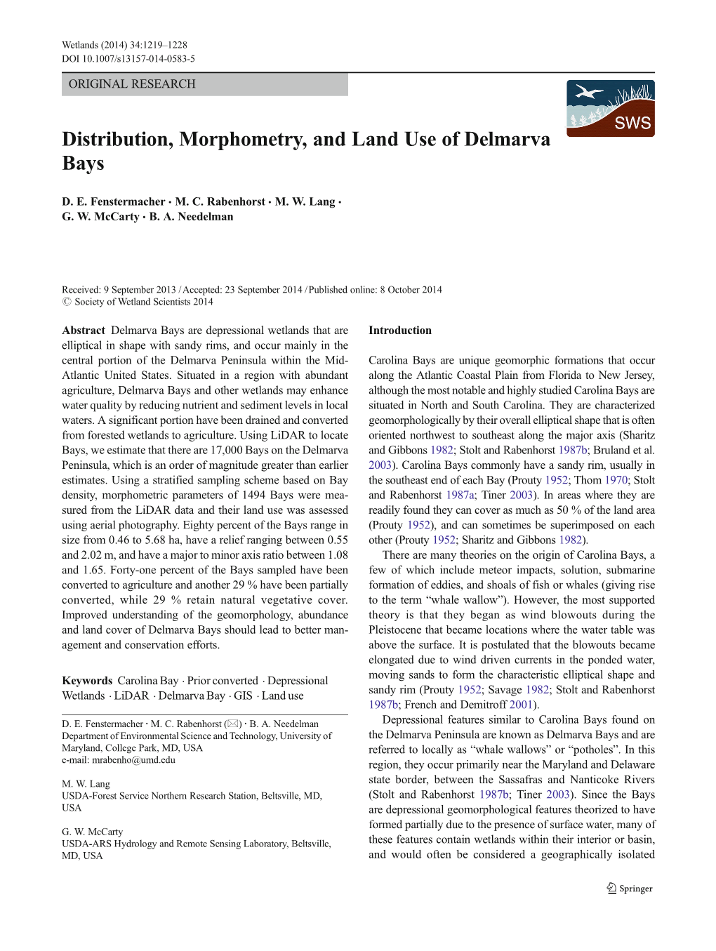 Distribution, Morphometry, and Land Use of Delmarva Bays