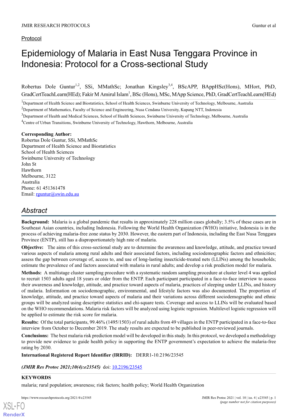 Epidemiology of Malaria in East Nusa Tenggara Province in Indonesia: Protocol for a Cross-Sectional Study