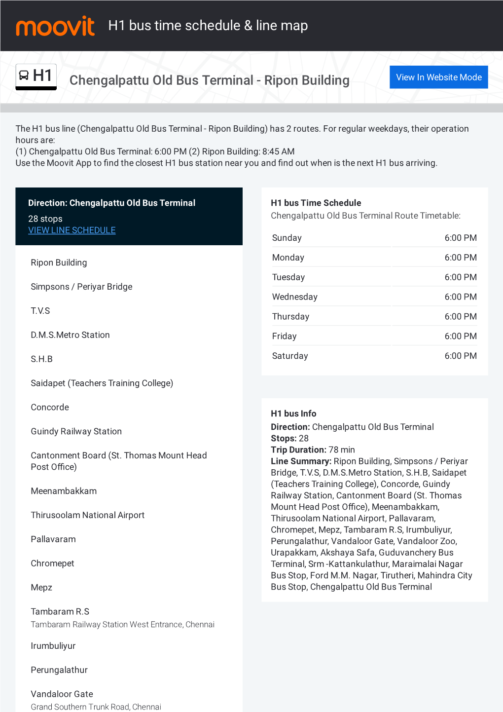 H1 Bus Time Schedule & Line Route