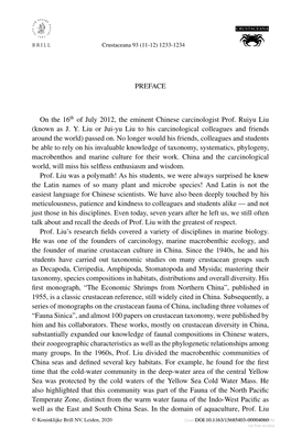 PREFACE on the 16Th of July 2012, the Eminent Chinese Carcinologist