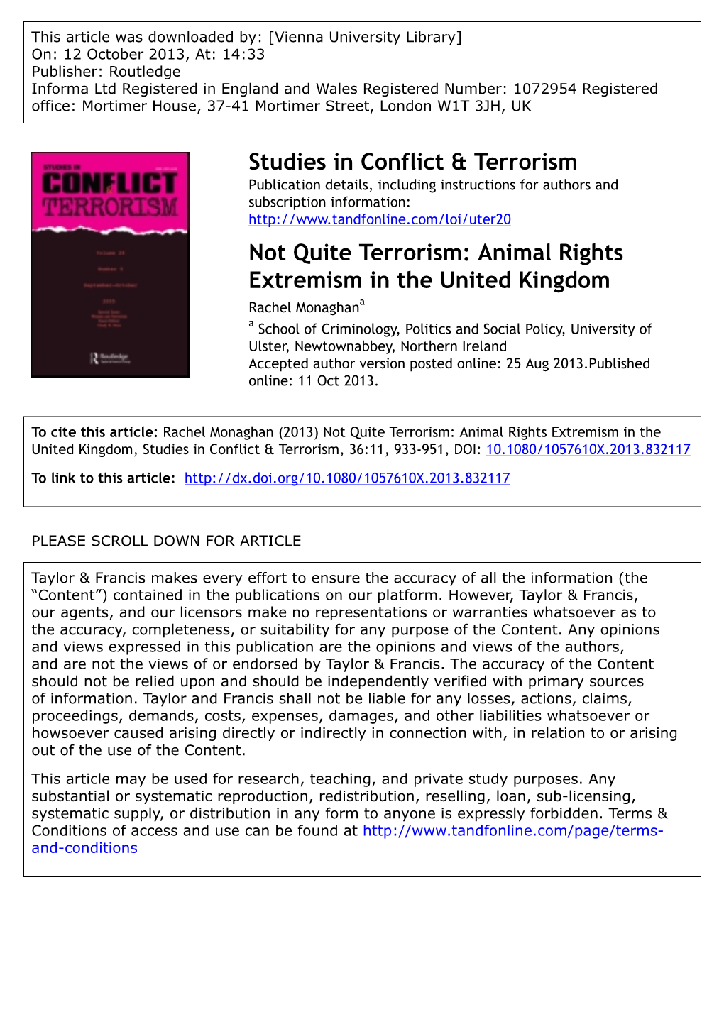 Not Quite Terrorism. Animal Rights Extremism in the United Kingdom