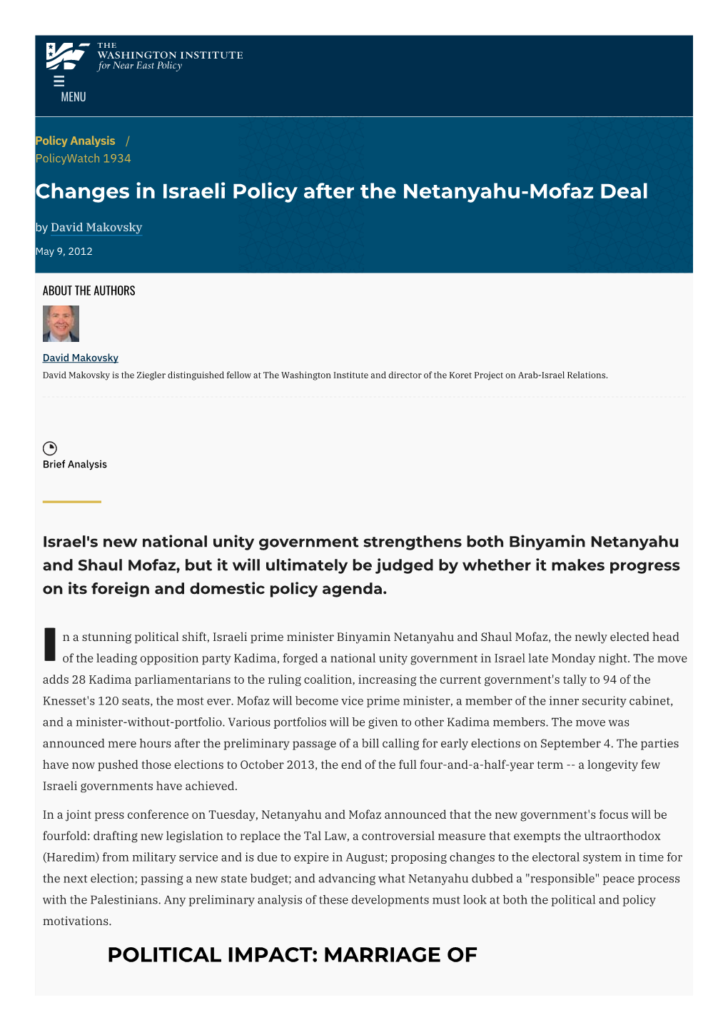 Changes in Israeli Policy After the Netanyahu-Mofaz Deal by David Makovsky