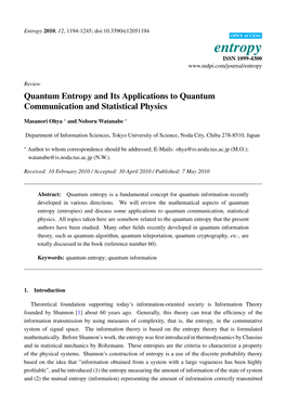 Quantum Entropy and Its Applications to Quantum Communication and Statistical Physics