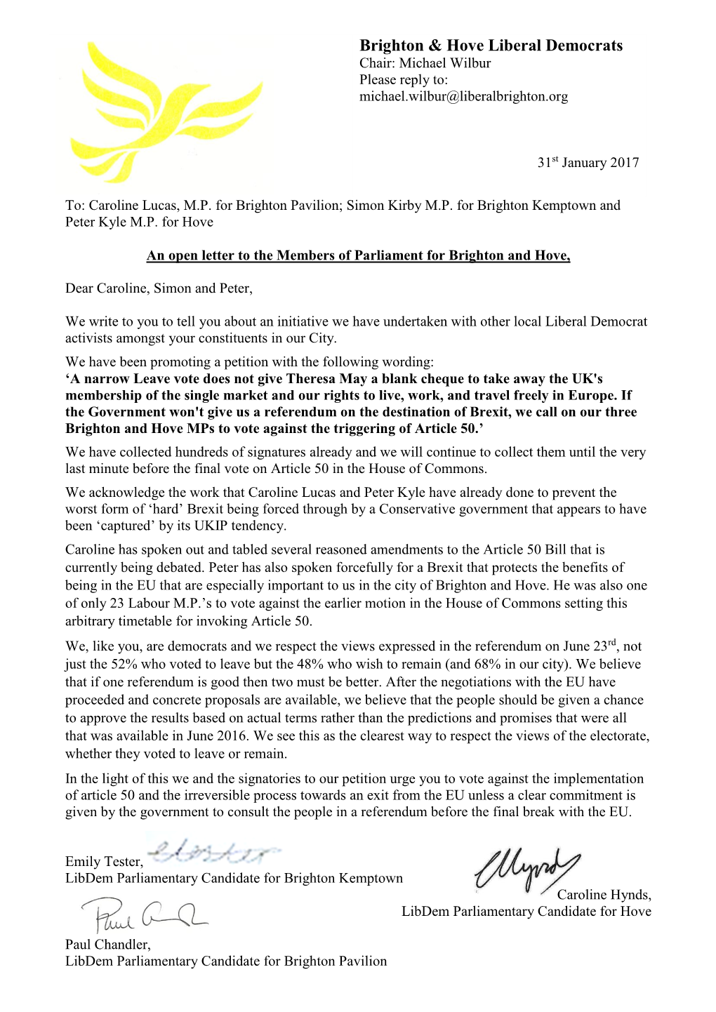 Brighton and Hove Lib Dems Letter To
