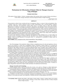 Mechanisms for Effectuation of Islamic Ethics by Managers Based on Nahj Al-Balagha