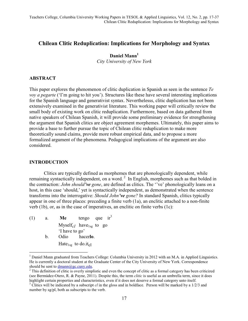 Chilean Clitic Reduplication: Implications for Morphology and Syntax