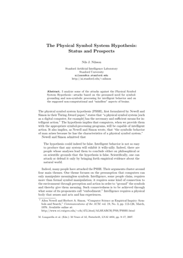 The Physical Symbol System Hypothesis: Status and Prospects