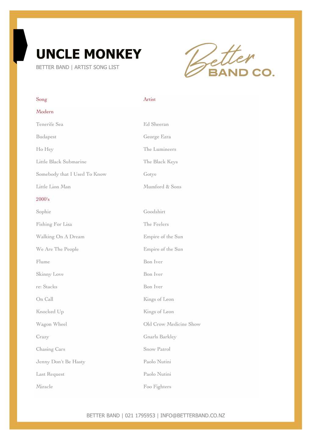 Uncle Monkey Better Band | Artist Song List