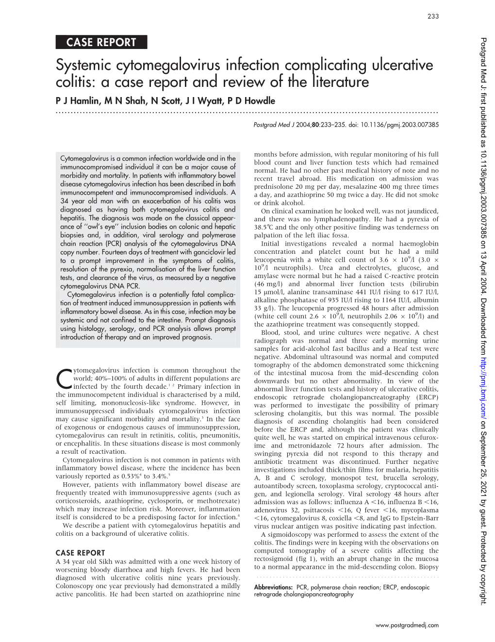 Systemic Cytomegalovirus Infection Complicating Ulcerative Colitis