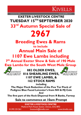 33Rd Autumn Special Sale of Breeding Ewes & Rams Annual Main Sale Of