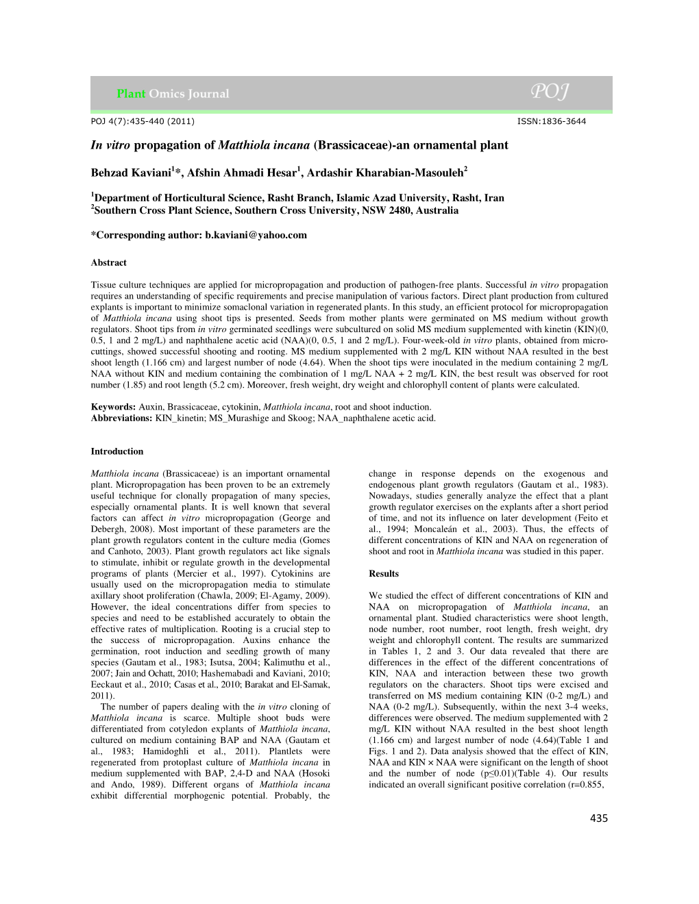 In Vitro Propagation of Matthiola Incana (Brassicaceae)-An Ornamental Plant