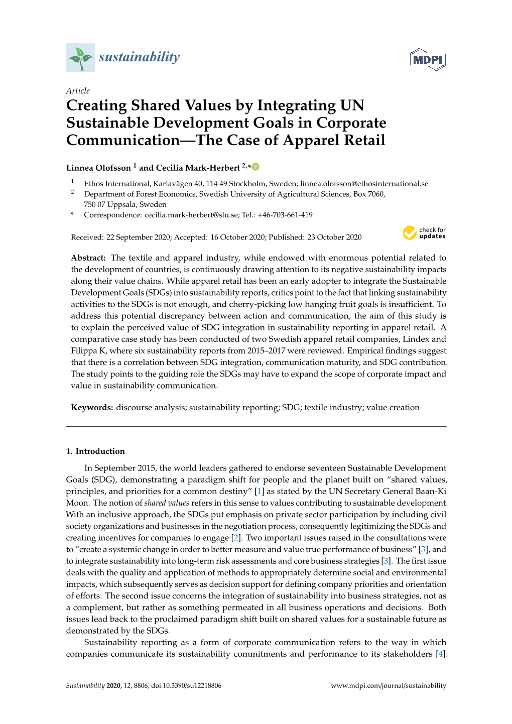 Creating Shared Values by Integrating UN Sustainable Development Goals in Corporate Communication—The Case of Apparel Retail