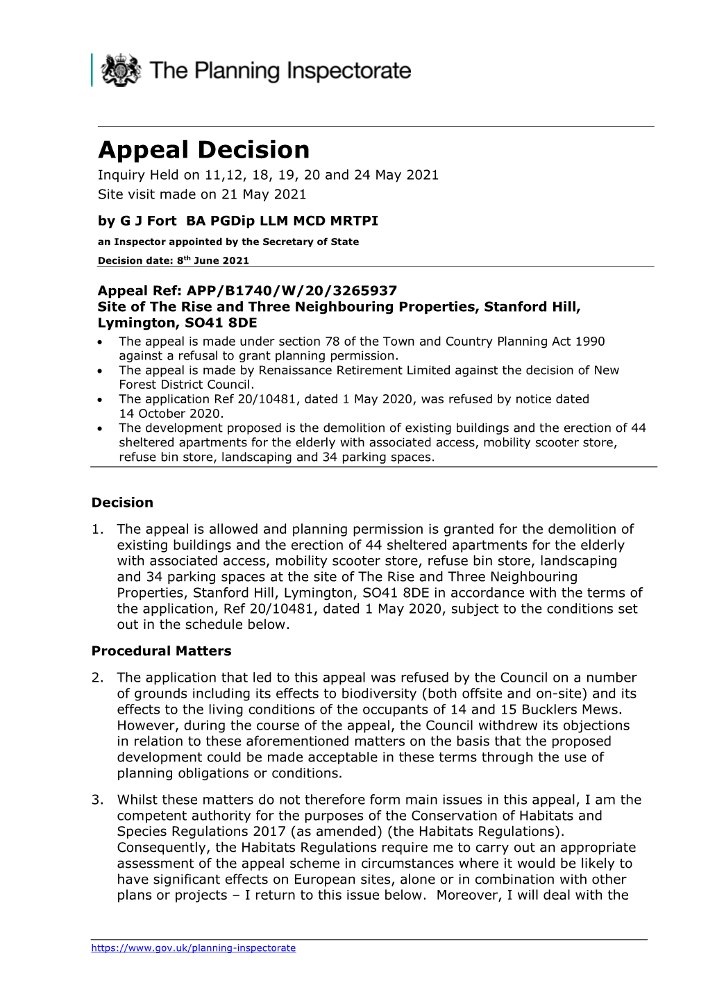 Appeal Decision Inquiry Held on 11,12, 18, 19, 20 and 24 May 2021 Site Visit Made on 21 May 2021