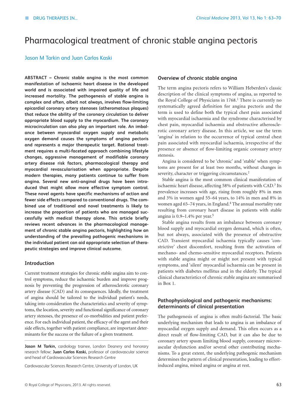 Pharmacological Treatment of Chronic Stable Angina Pectoris