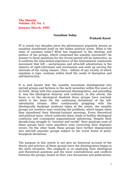 The Marxist Volume: 03, No. 1 January-March, 1985 Naxalism