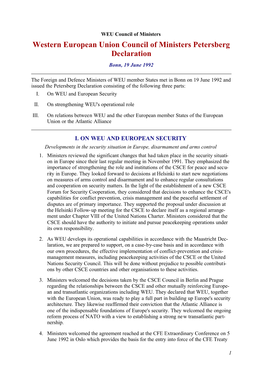 Western European Union Council of Ministers Petersberg Declaration Bonn, 19 June 1992
