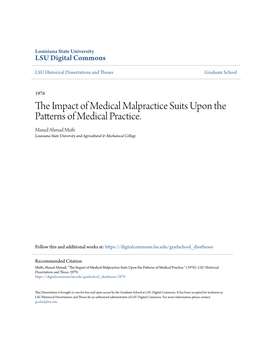 The Impact of Medical Malpractice Suits Upon the Patterns of Medical Practice