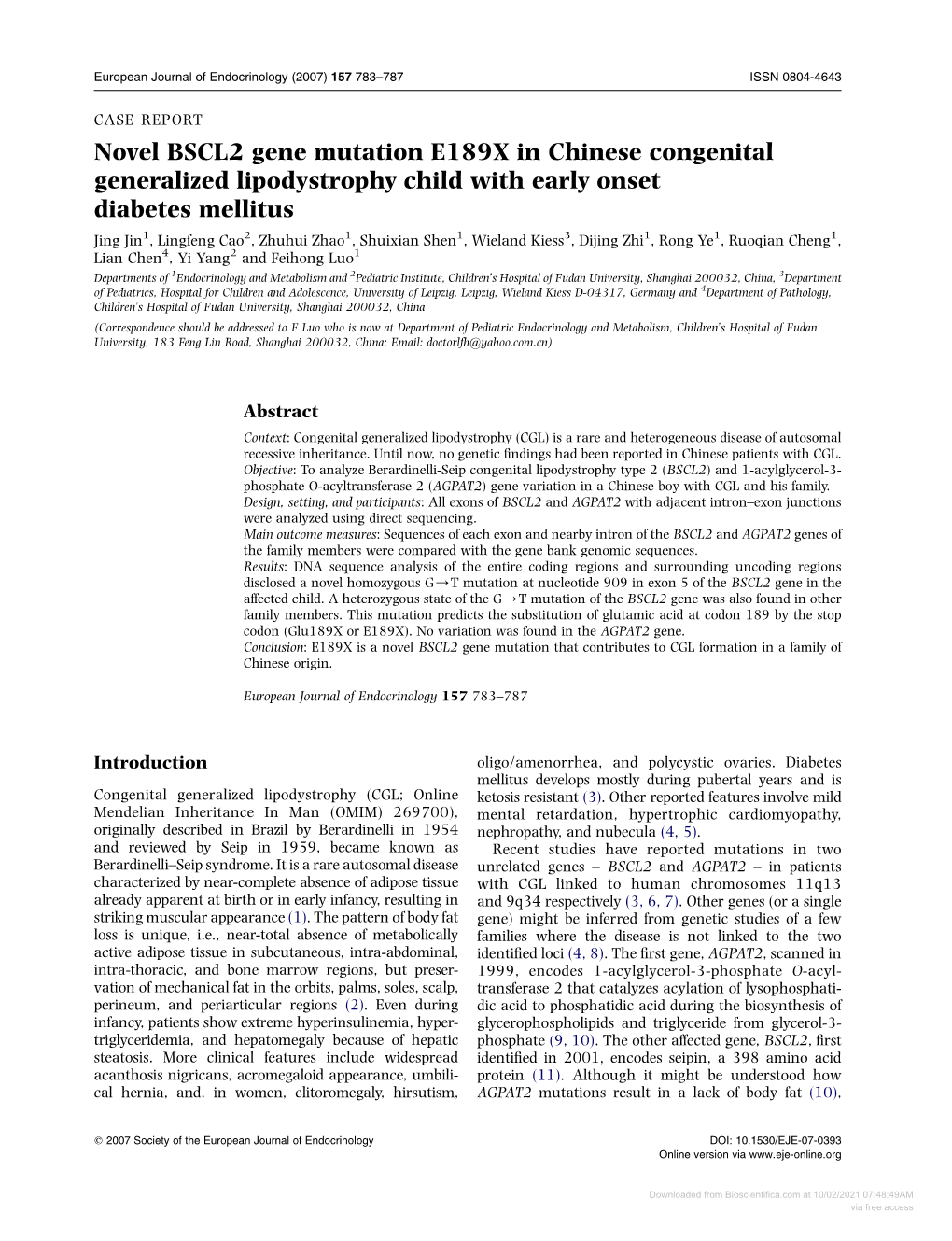 Novel BSCL2 Gene Mutation E189X in Chinese Congenital Generalized Lipodystrophy Child with Early Onset Diabetes Mellitus