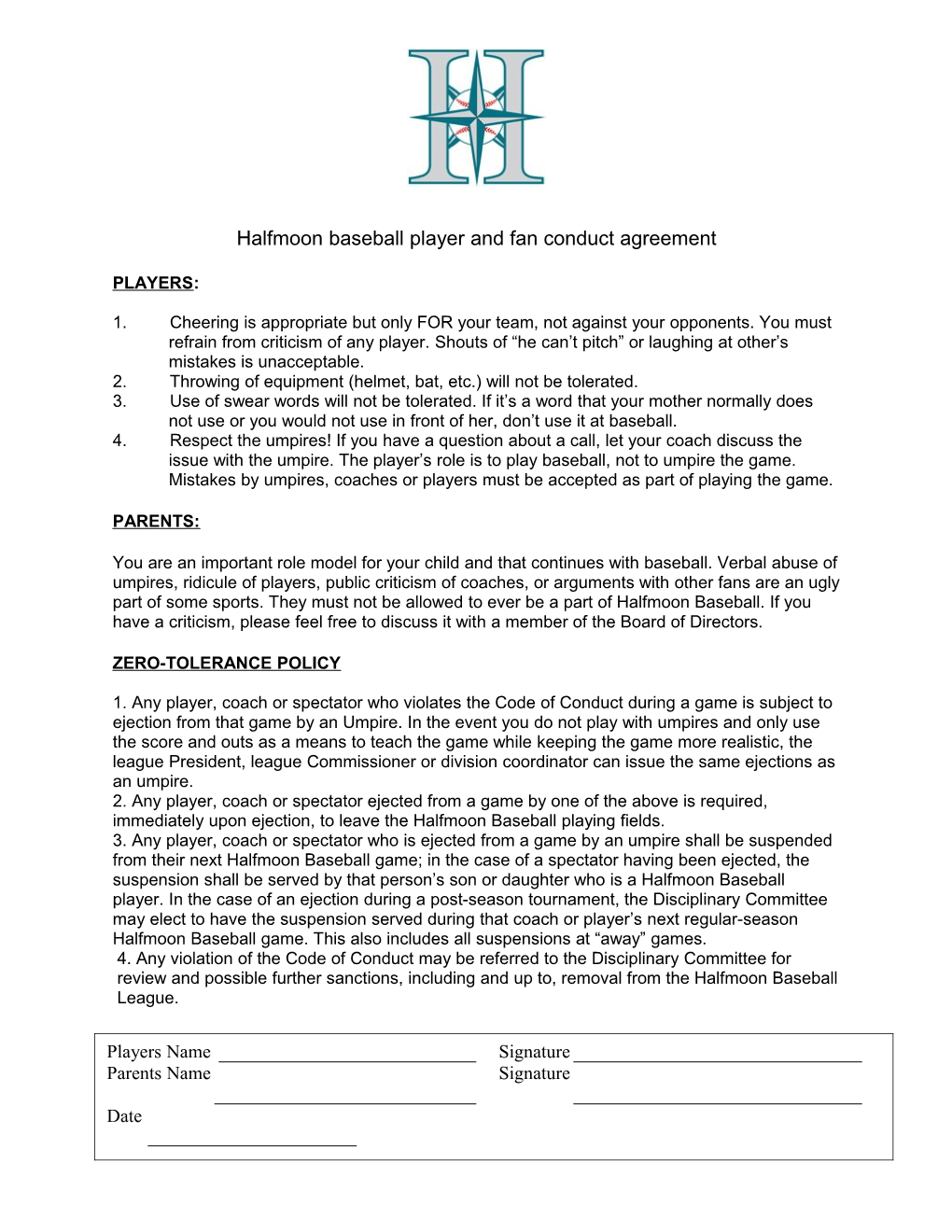 Halfmoon Baseball Player and Fan Conduct Agreement