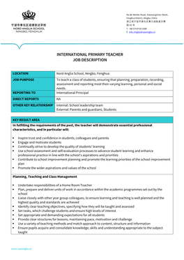 International Primary Teacher Job Description