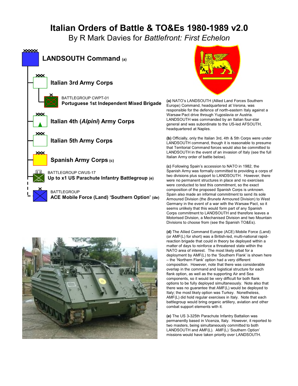 Italian Orders of Battle & TO&Es 1980-1989 V2.0 by R Mark Davies for Battlefront: First Echelon