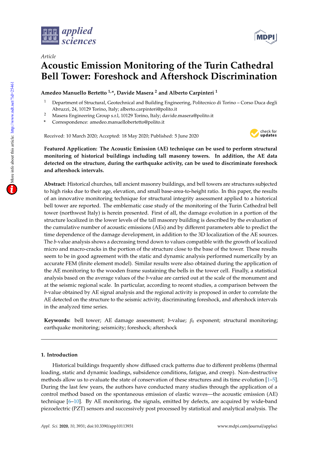 Acoustic Emission Monitoring of the Turin Cathedral Bell Tower: Foreshock and Aftershock Discrimination