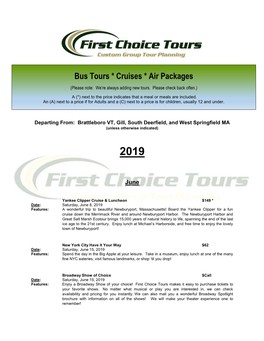 Bus Tours * Cruises * Air Packages (Please Note: We’Re Always Adding New Tours