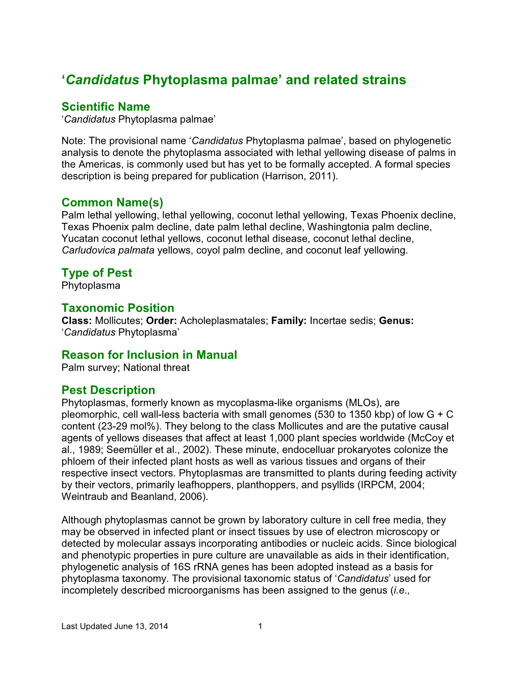 'Candidatus Phytoplasma Palmae' and Related Strains