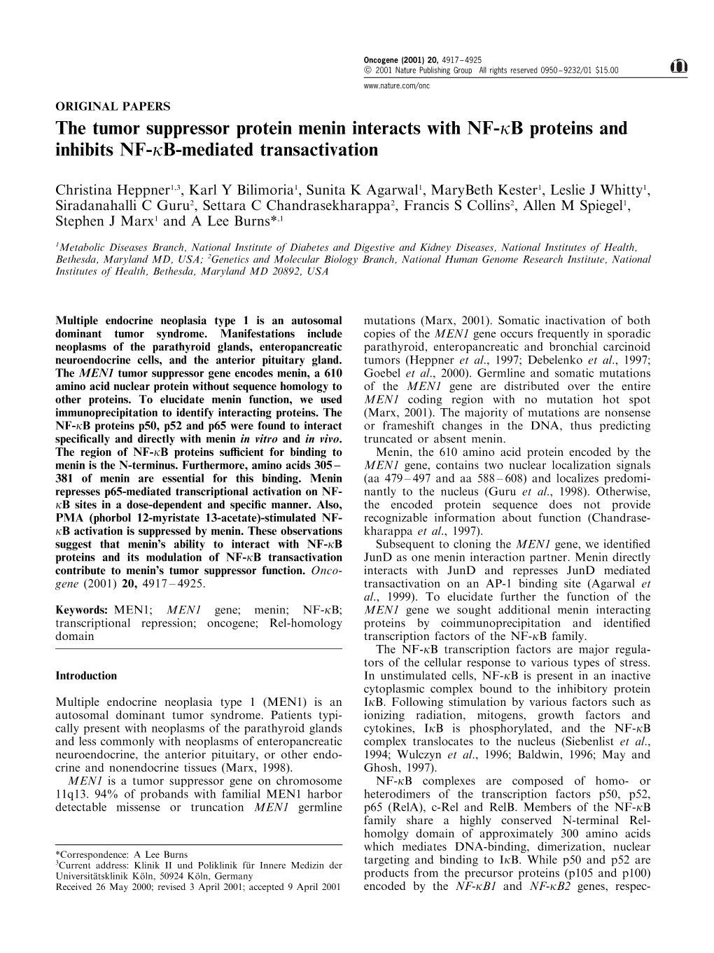 The Tumor Suppressor Protein Menin Interacts with NF-Kb Proteins and Inhibits NF-Kb-Mediated Transactivation