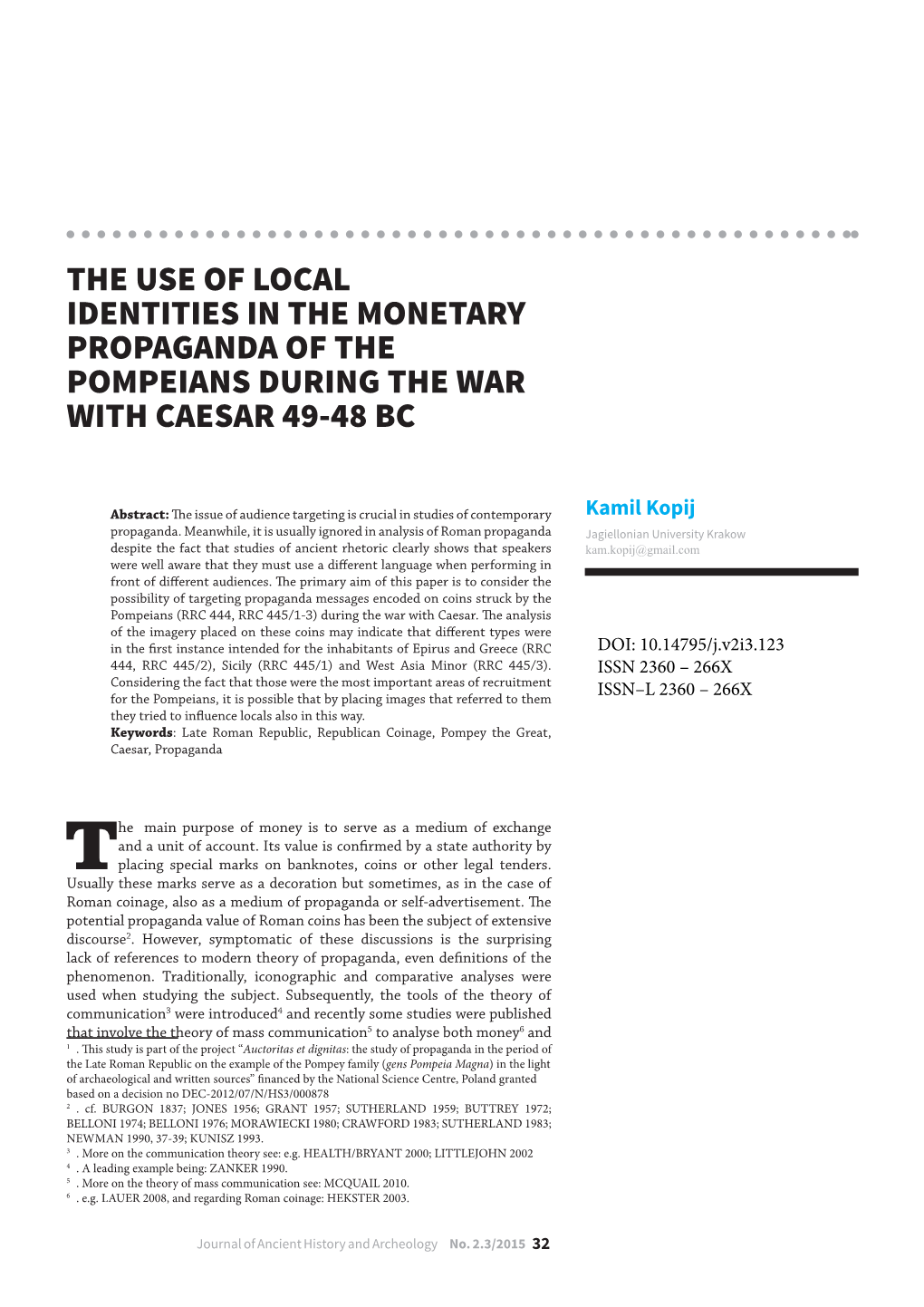 The Use of Local Identities in the Monetary Propaganda of the Pompeians During the War with Caesar 49-48 Bc