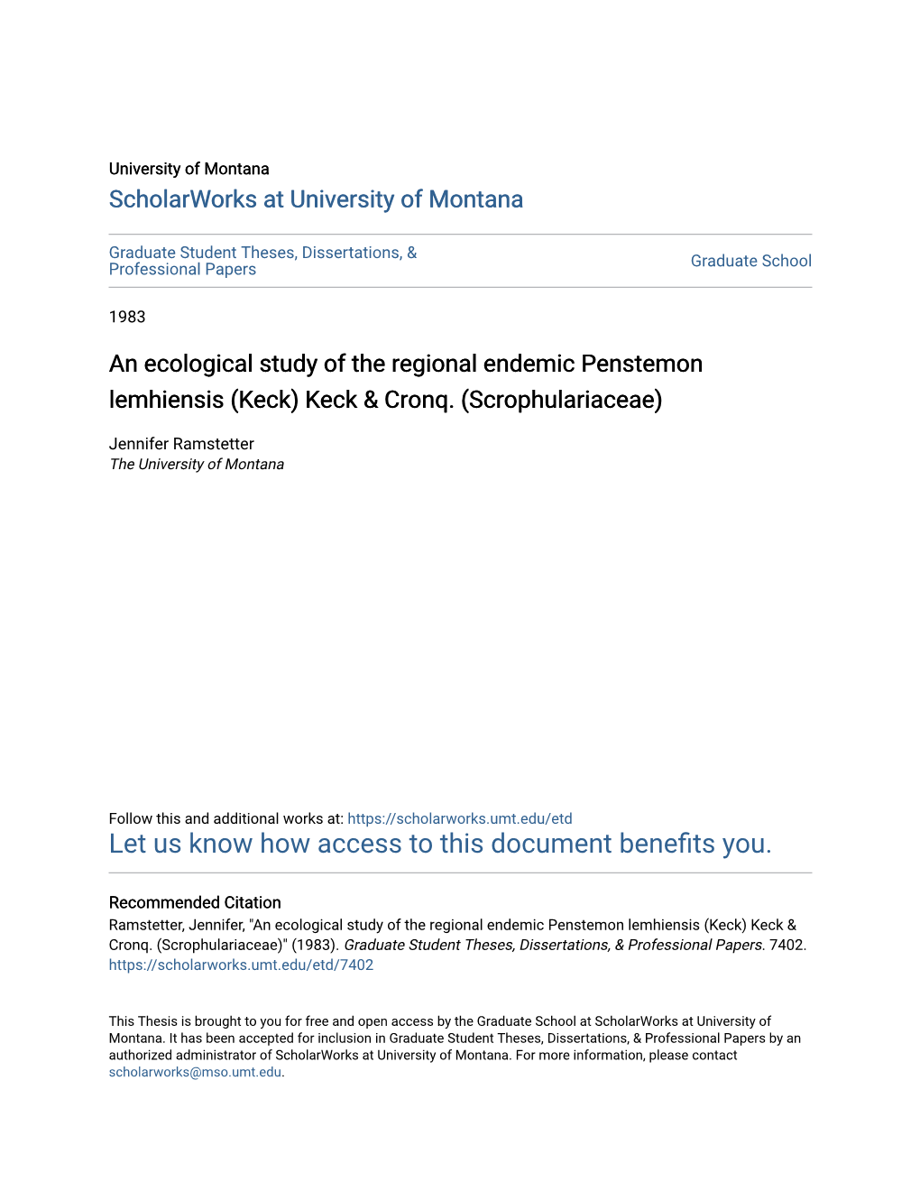 An Ecological Study of the Regional Endemic Penstemon Lemhiensis (Keck) Keck & Cronq