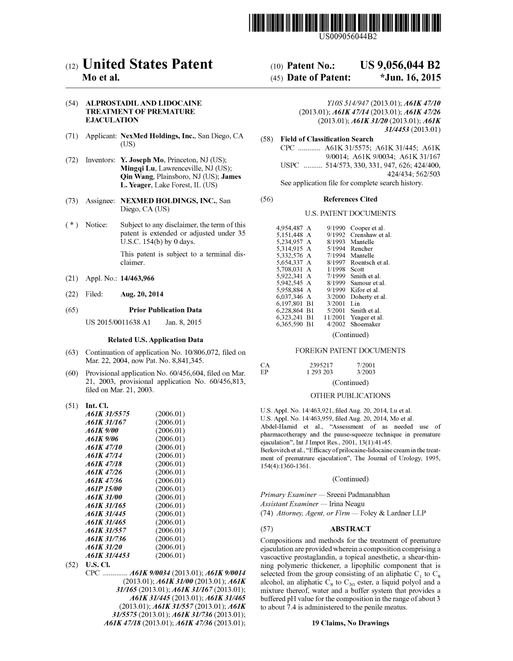 (12) United States Patent (10) Patent No.: US 9,056,044 B2 MO Et Al