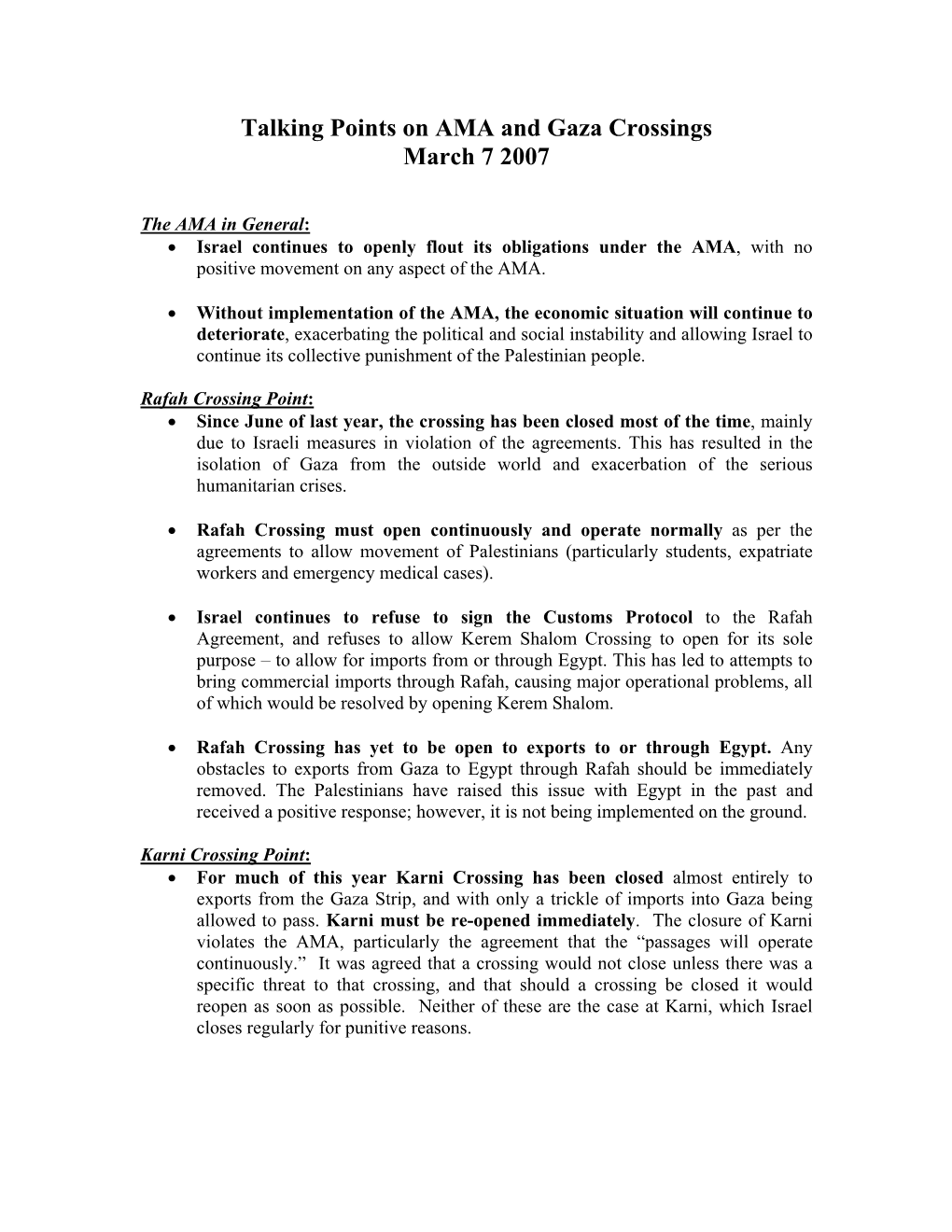 Talking Points on AMA and Gaza Crossings March 7 2007