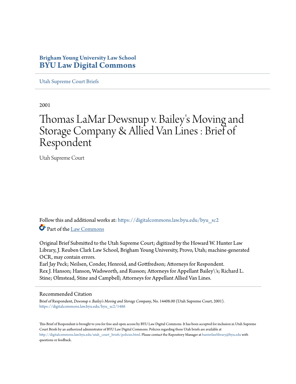 Thomas Lamar Dewsnup V. Bailey's Moving and Storage Company & Allied Van Lines : Brief of Respondent Utah Supreme Court