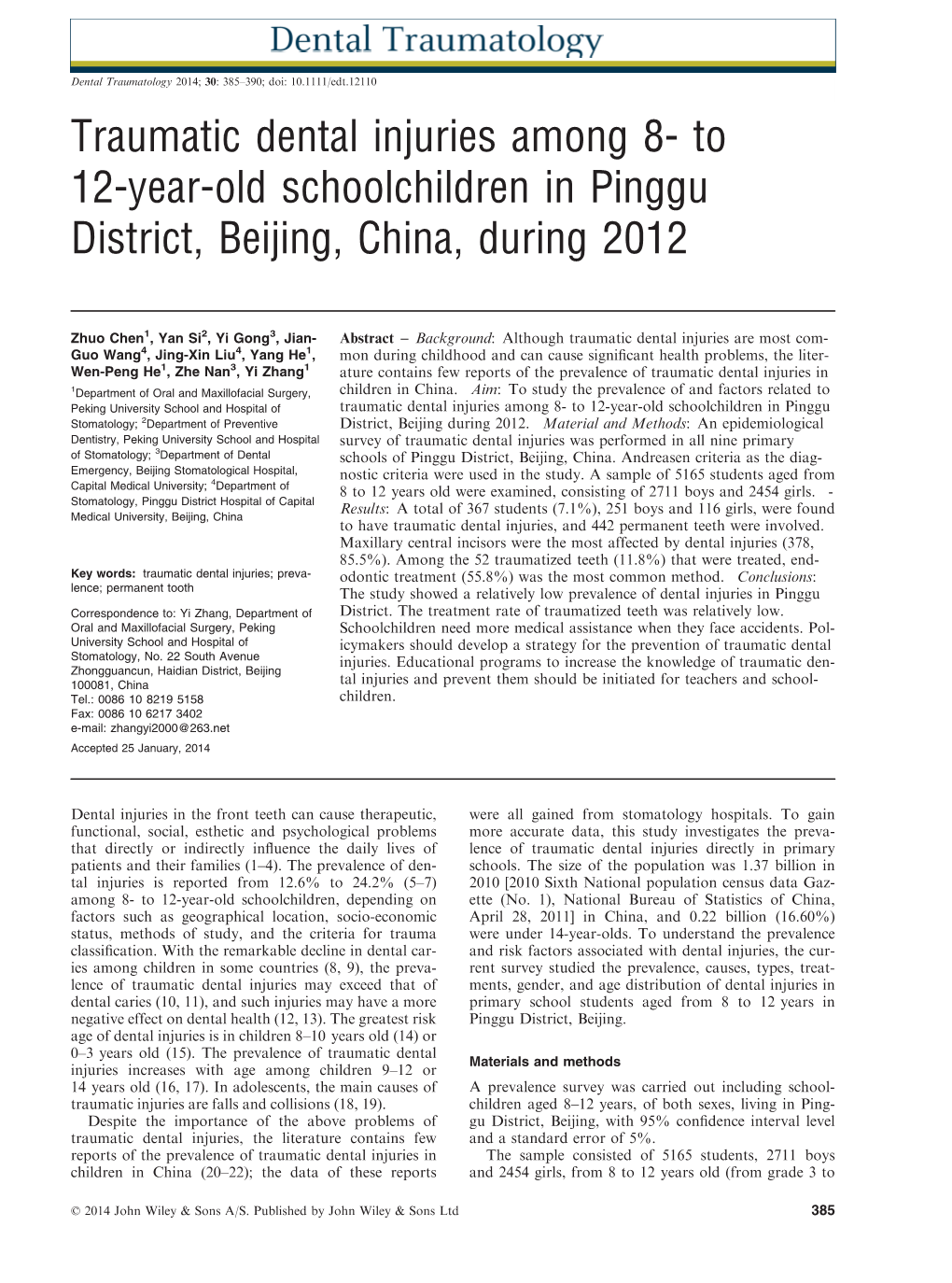Traumatic Dental Injuries Among 8 to 12Yearold Schoolchildren in Pinggu