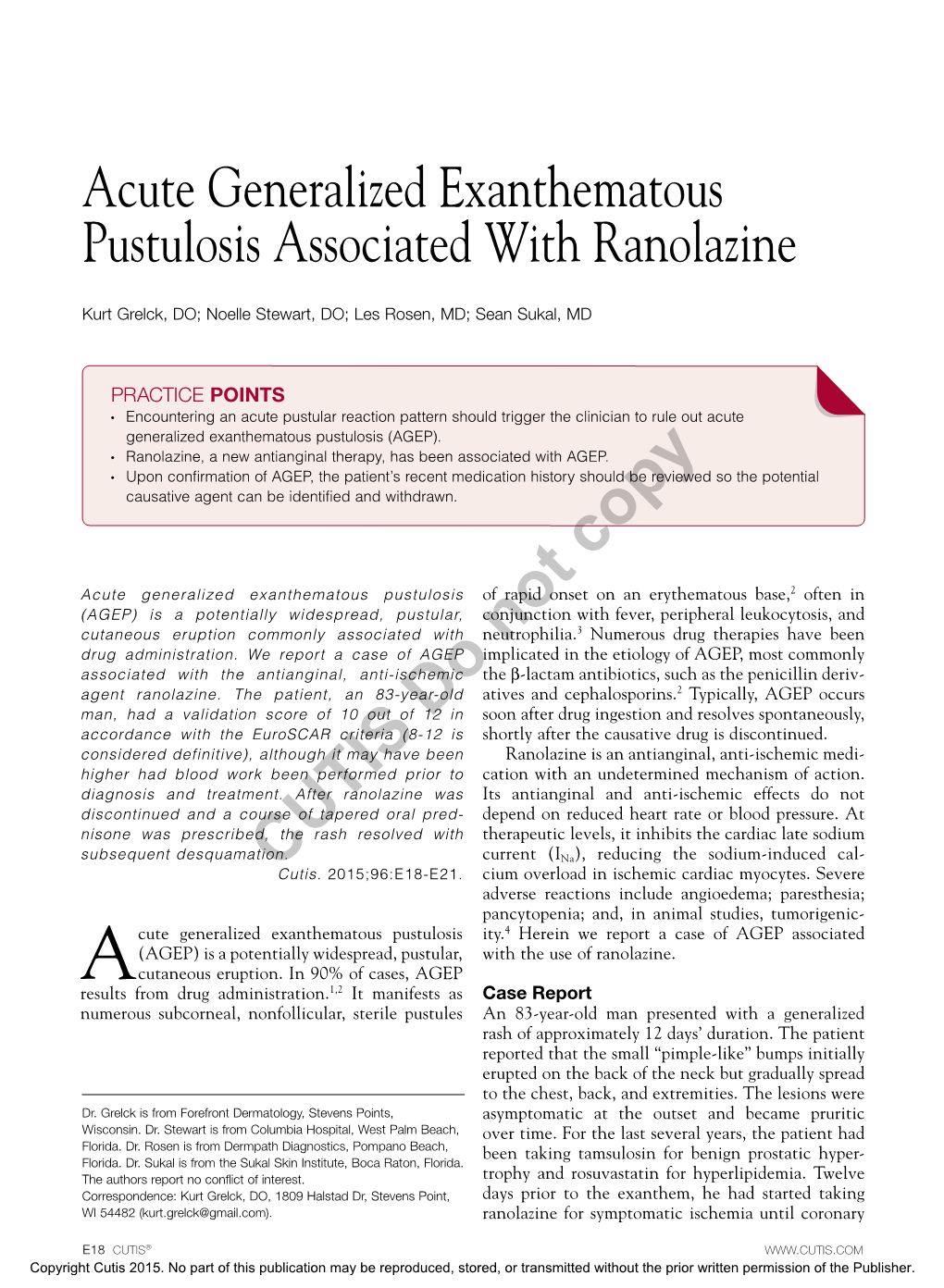 Acute Generalized Exanthematous Pustulosis Associated with Ranolazine