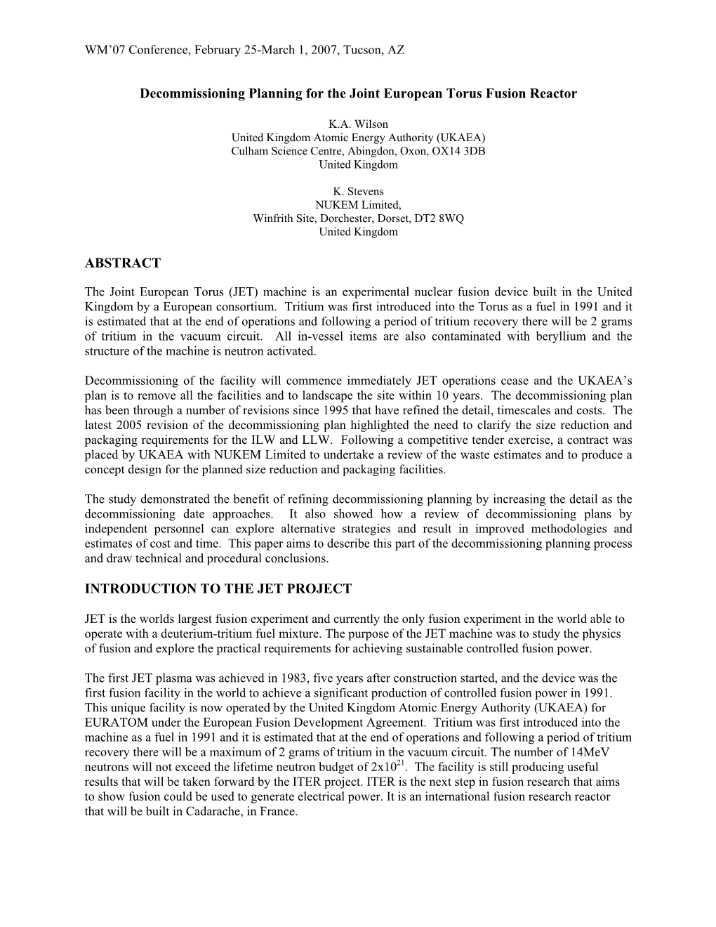 Decommissioning Planning for the Joint European Torus Fusion Reactor