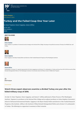 Turkey and the Failed Coup One Year Later | the Washington Institute