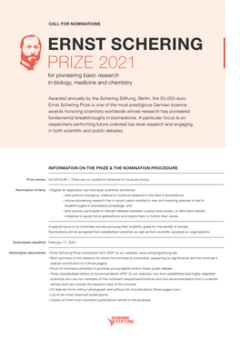 ERNST SCHERING PRIZE 2021 for Pioneering Basic Research in Biology, Medicine and Chemistry