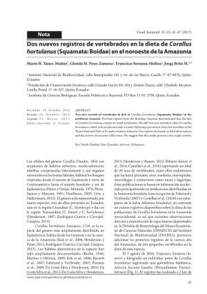 Dos Nuevos Registros De Vertebrados En La Dieta De Corallus Hortulanus (Squamata: Boidae) En El Noroeste De La Amazonía