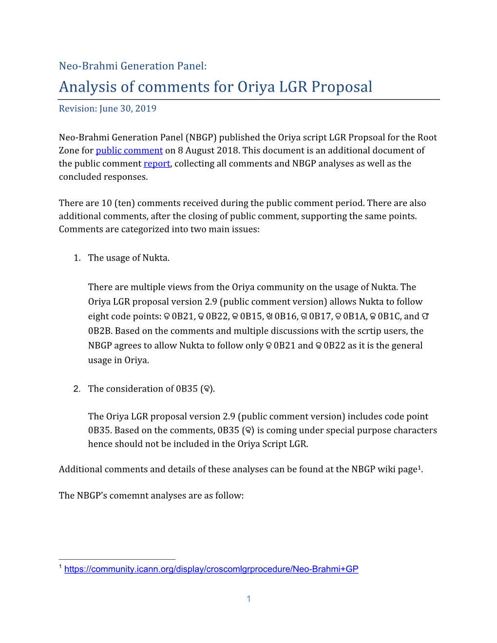 Analysis of Comments for Oriya LGR Proposal Revision: June 30, 2019